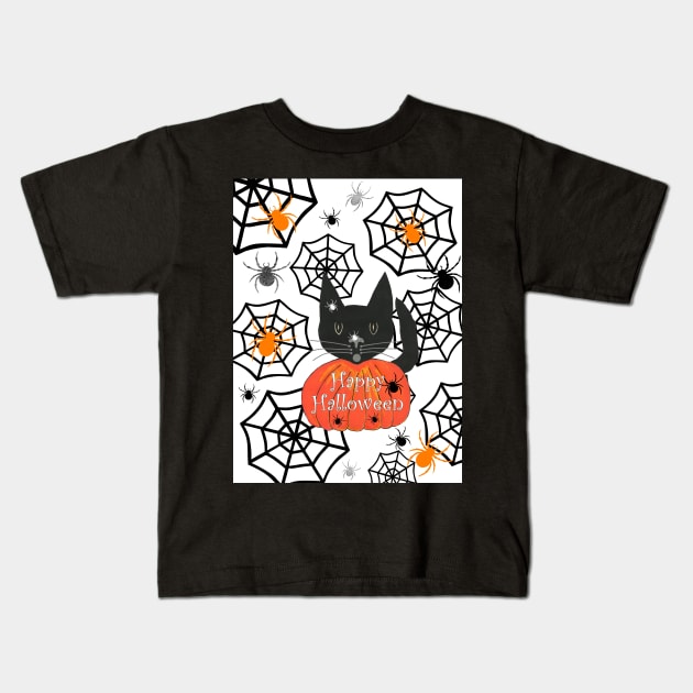BLACK Cat Halloween With Spiders Kids T-Shirt by SartorisArt1